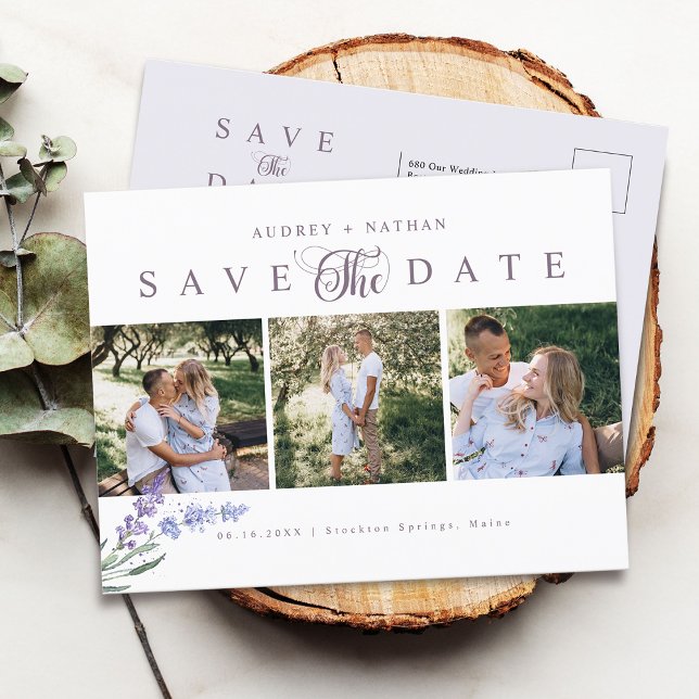 Elegant Lavender 3 Photos Save The Date Announcement Postcard (Elegant Lavender 3 Photos Save The Date Announcement Postcard)
