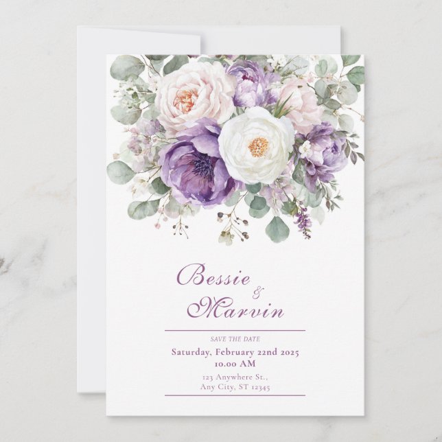 Elegant Lavender and Blush Floral Bouquet Wedding Invitation (Front)