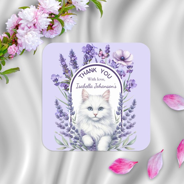 Elegant Lavender and Cat Birthday Square Sticker (Creator Uploaded)