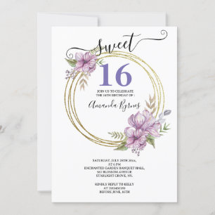 Elegant Lavender and Gold Sweet 16 Floral Circle Invitation