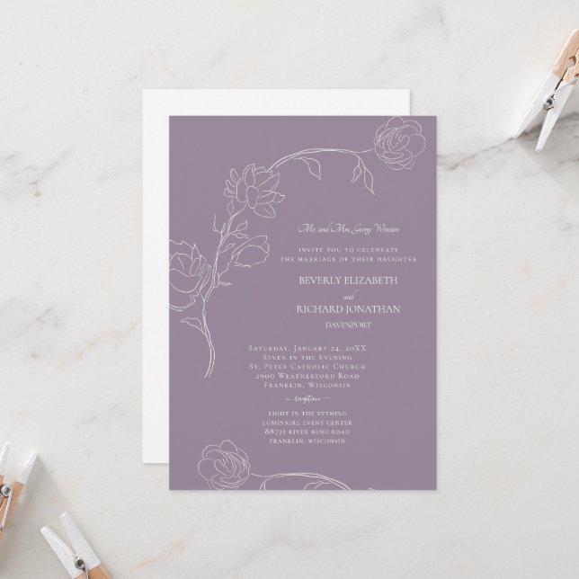 Elegant Lavender and Hand-Drawn Floral 2 Locations Invitation (Front/Back In Situ)