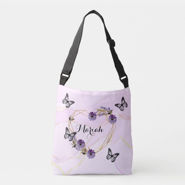 Elegant Lavender and Lilac Floral Heart Crossbody Bag (Front)