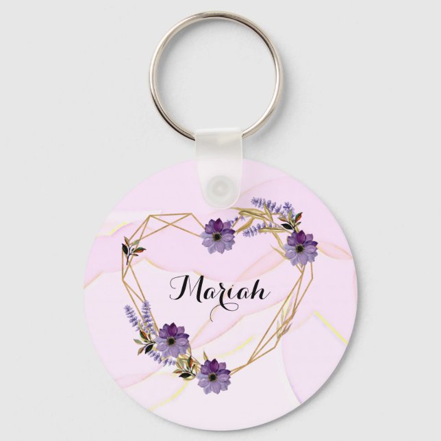 Elegant Lavender and Lilac Floral Heart Key Ring (Front)