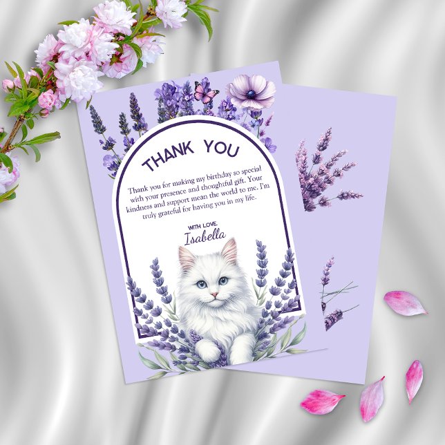 Elegant Lavender and White Cat Birthday Thank You Card (Creator Uploaded)