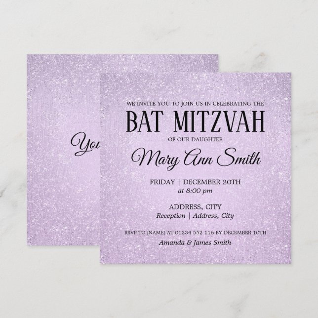 Elegant Lavender Bat Mitzvah Faux Glitter Paint Invitation (Front/Back)