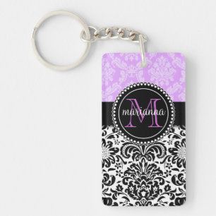 Elegant Lavender Black Damask Personalised Key Ring