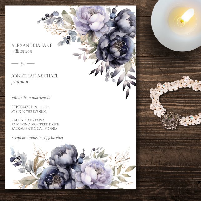 Elegant Lavender & Black Peonies Wedding Invitation (Creator Uploaded)