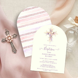 Elegant Lavender Blooms Cross Christian Baptism Invitation
