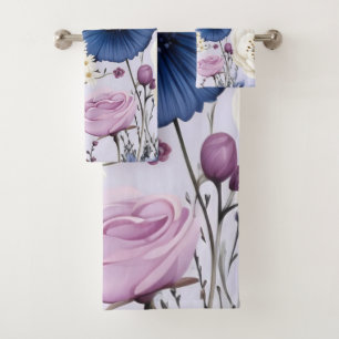 Elegant Lavender Blue White Flower Garden Floral Bath Towel Set