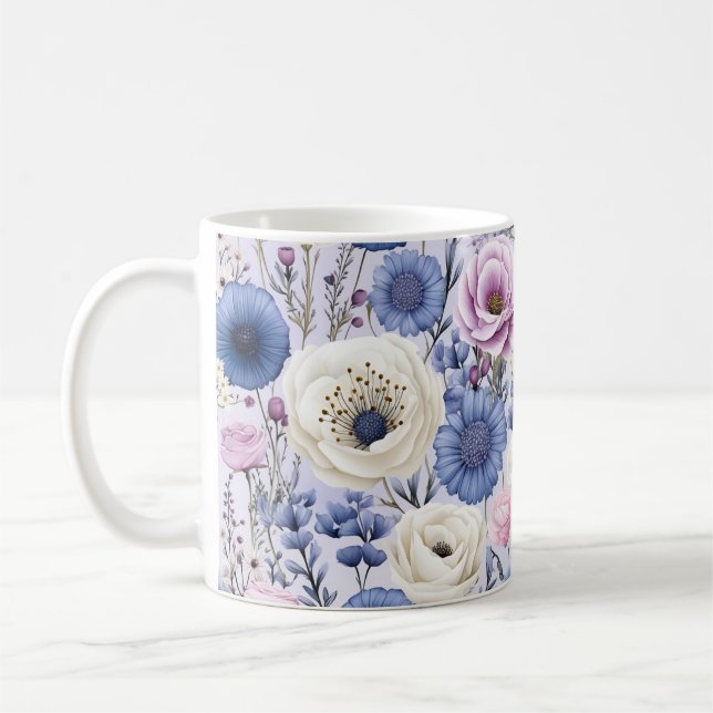 Elegant Lavender Blue White Flower Garden Floral  Coffee Mug (Left)