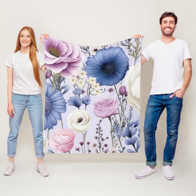 Elegant Lavender Blue White Flower Garden Floral  Fleece Blanket (In Situ)
