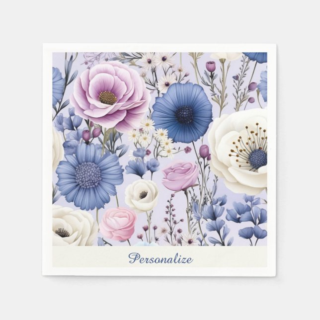 Elegant Lavender Blue White Flower Garden Floral  Napkin (Front)