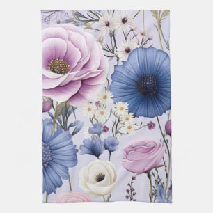 Elegant Lavender Blue White Flower Garden Floral Tea Towel