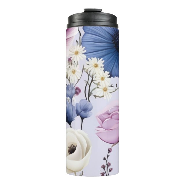 Elegant Lavender Blue White Flower Garden Floral  Thermal Tumbler (Front)