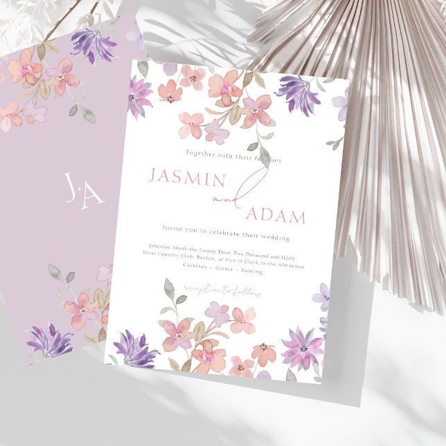 Elegant Lavender Blush Wildflower Monogram Wedding Invitation (Elegant Lavender & Pink Wildflowers Wedding Invitation)