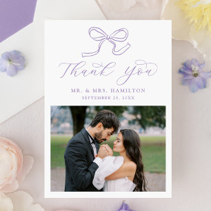 Elegant Lavender Bow Photo Wedding Thank You Card