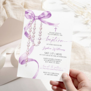 Elegant Lavender Bow & Rosary Baptism Invitation