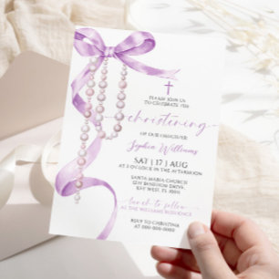 Elegant Lavender Bow & Rosary Christening Invitation