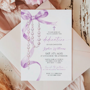 Elegant Lavender Bow & Rosary Dedication Invitation