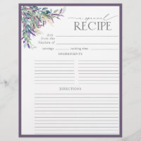 Elegant Lavender Bridal Shower Recipe Binder Page