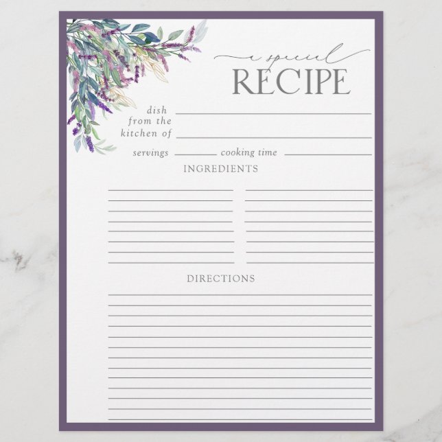 Elegant Lavender Bridal Shower Recipe Binder Page (Front)