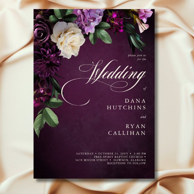 Elegant Lavender & Burgundy Floral Script Wedding Invitation (Elegant Lavender & Burgundy Floral Script Wedding)
