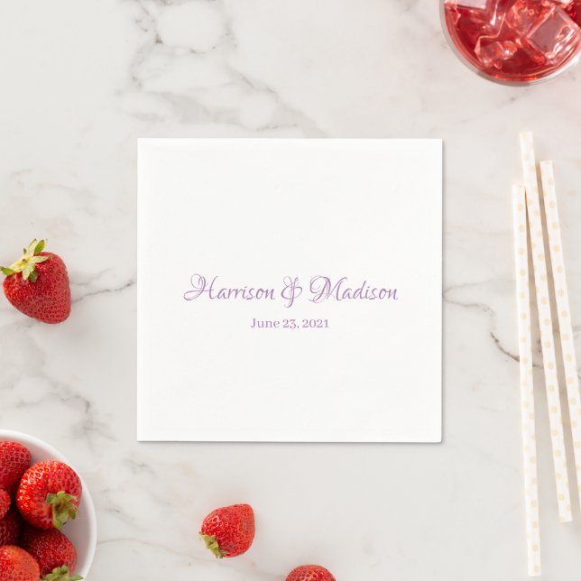 Elegant lavender Custom Script Names Date Wedding Napkin (Insitu)