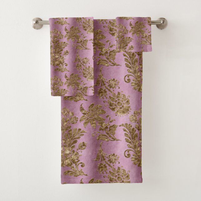 Elegant Lavender Damask Pretty Bathroom Bath Towel Set (Insitu)