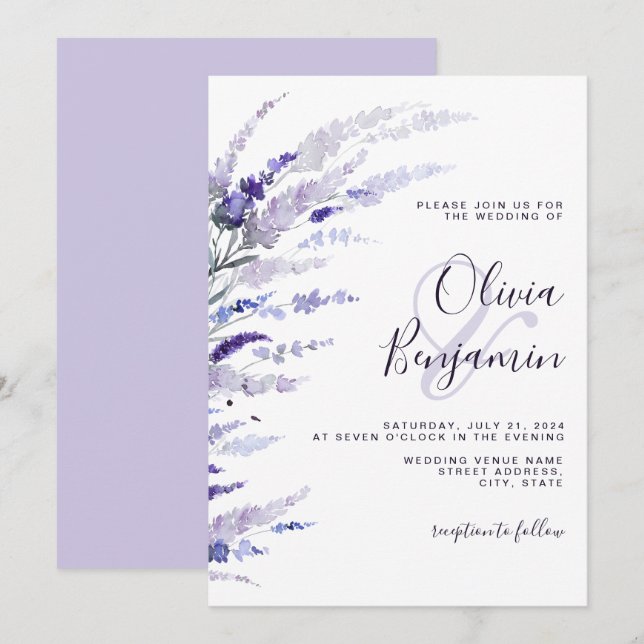 Elegant Lavender Dusty Purple Floral Lilac Wedding Invitation (Front/Back)