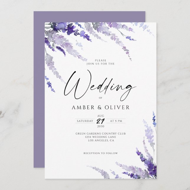 Elegant Lavender Dusty Purple Lilac Mauve Wedding Invitation (Front/Back)