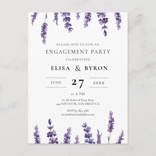 Elegant lavender engagement party invitation postcard (Front)