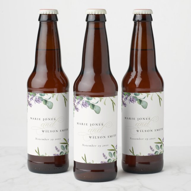 Elegant Lavender Eucalyptus Leafy Foliage Wedding Beer Bottle Label (Bottles)