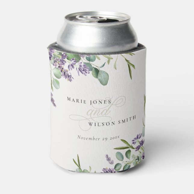 Elegant Lavender Eucalyptus Leafy Foliage Wedding Can Cooler (Can Back)