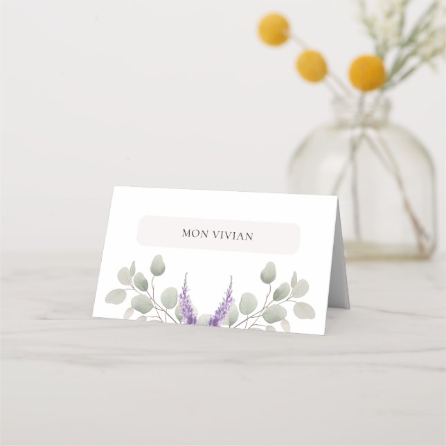 Elegant Lavender Eucalyptus Leaves Name  Place Card (Front)