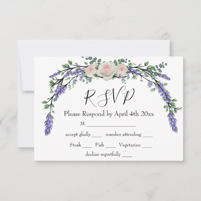 Elegant Lavender Eucalyptus pink white roses rsvp  (Front)