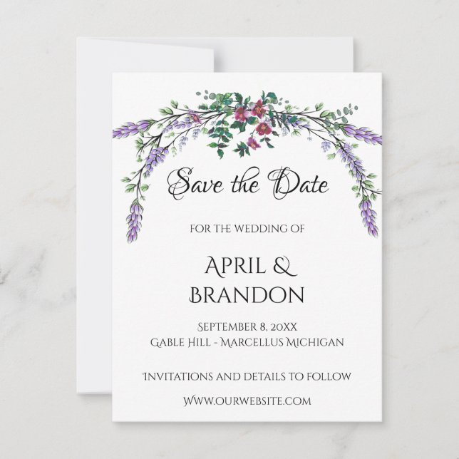 Elegant Lavender Eucalyptus watercolor pink roses Save The Date (Front)