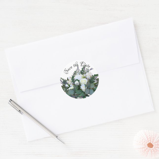 Elegant Lavender Eucalyptus white rose greenery    Classic Round Sticker (Envelope)