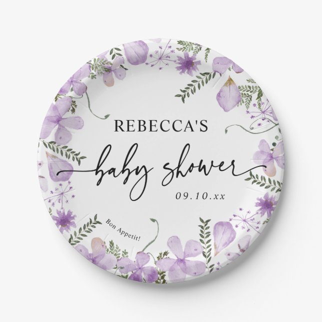Elegant Lavender Floral Baby Shower Paper Plates (Front)