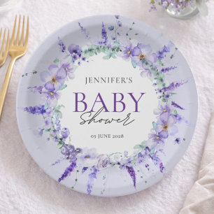 Elegant Lavender Floral Baby Shower Watercolor Paper Plate