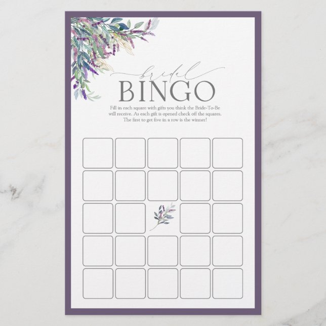 Elegant Lavender Floral Bridal Shower Bingo Game (Front)