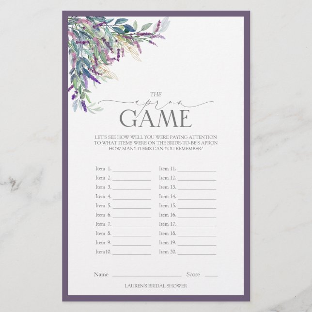 Elegant Lavender Floral Bridal Shower Game (Front)
