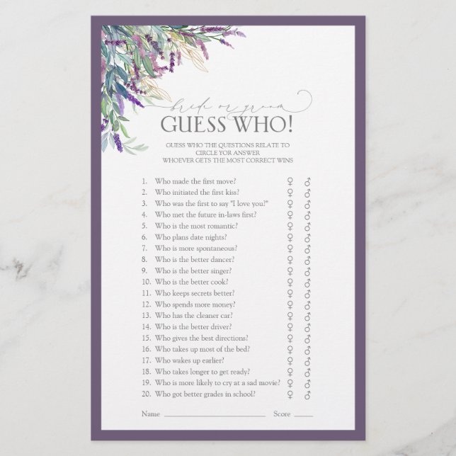 Elegant Lavender Floral Bridal Shower Game (Front)