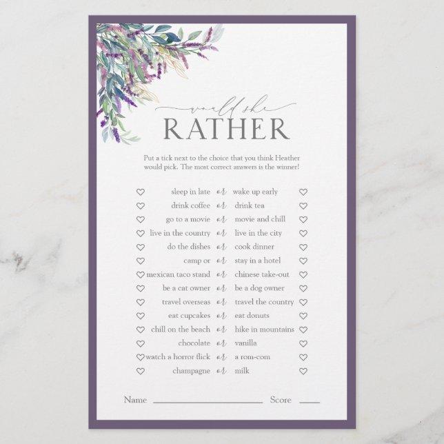Elegant Lavender Floral Bridal Shower Game (Front)