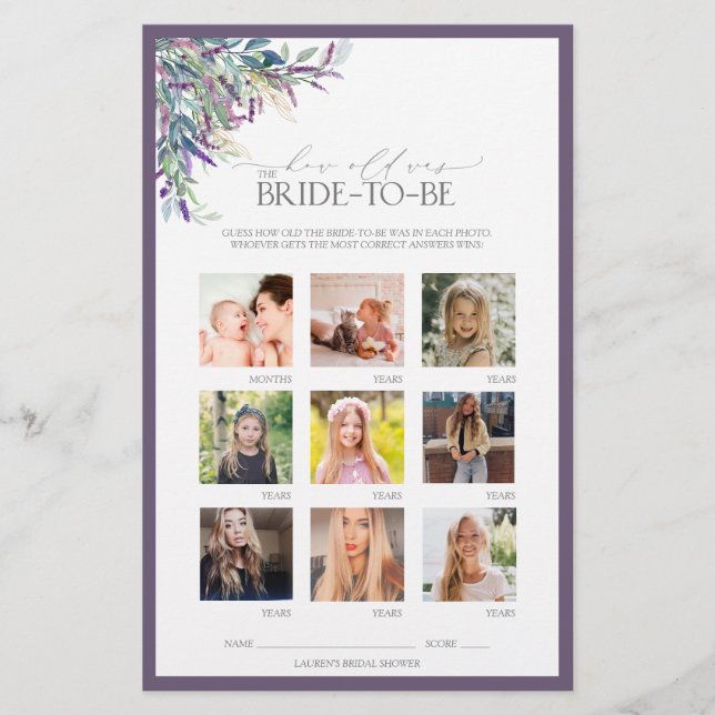 Elegant Lavender Floral Bridal Shower Game (Front)