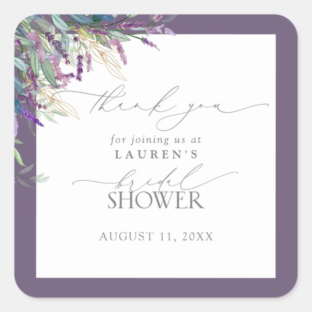 Elegant Lavender Floral Bridal Shower Thank You Square Sticker (Front)
