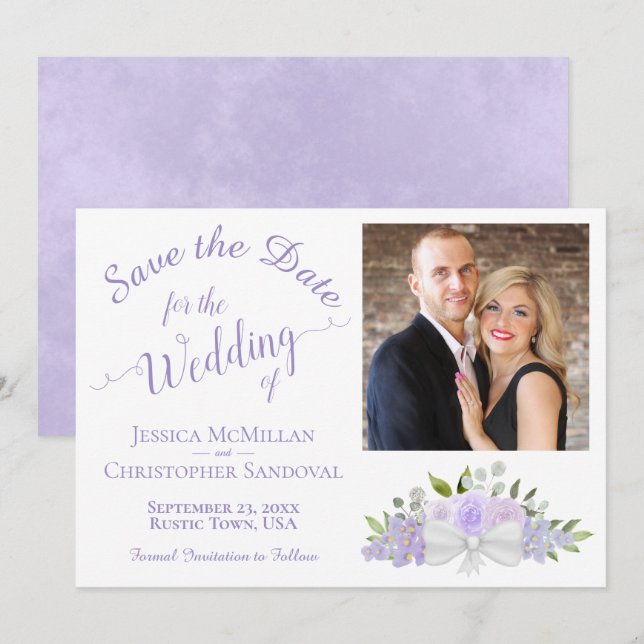 Elegant Lavender Floral Calligraphy Photo Wedding Save The Date (Front/Back)