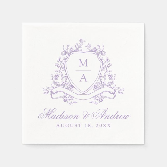 Elegant Lavender Floral Crest Monogram Wedding Napkin (Front)