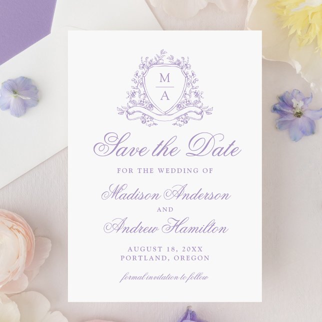 Elegant Lavender Floral Crest Monogram Wedding Save The Date (Creator Uploaded)