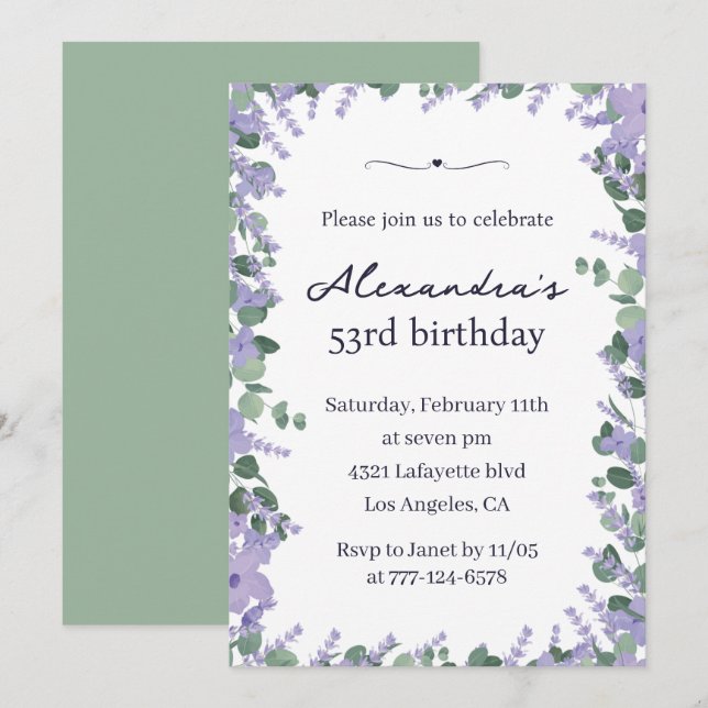 Elegant Lavender Floral Frame 53rd birthday Invitation (Front/Back)