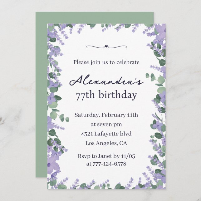 Elegant Lavender Floral Frame 77th birthday Invitation (Front/Back)